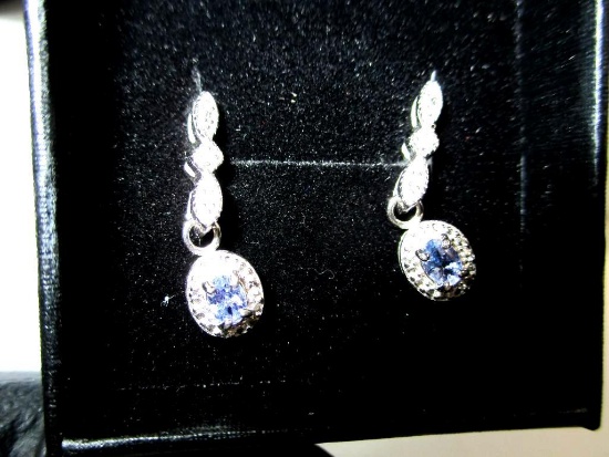 Tanzanite and Diamond Dangle Earrings in sterling Silver