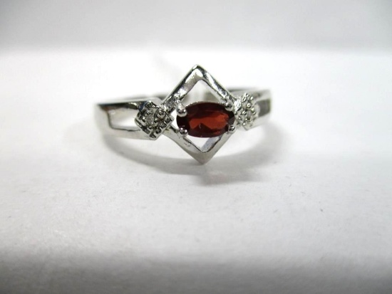 Art Deco Inspired Garnet & Diamond Ring In Sterling Silver
