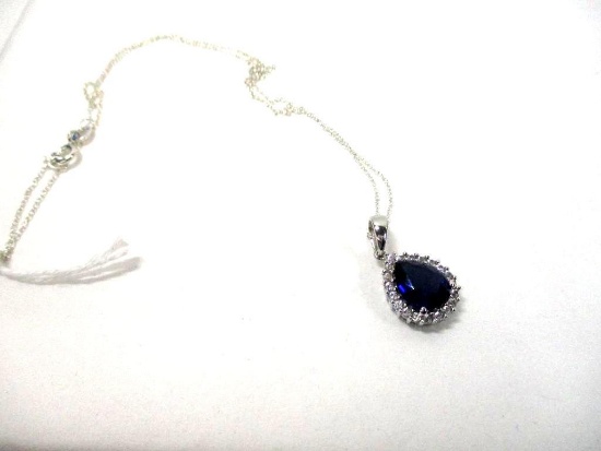 Vibrant Lab Sapphire Gem Pendant on Chain in Sterling Silver