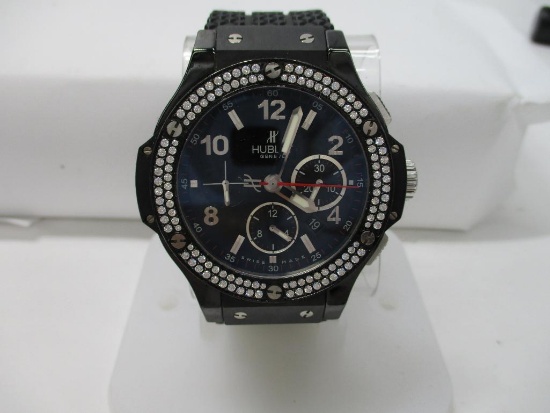 Hublot Big Bang 301 Watch Black face, Small Clear Stones Around the Bezel W/ Black Wristband.
