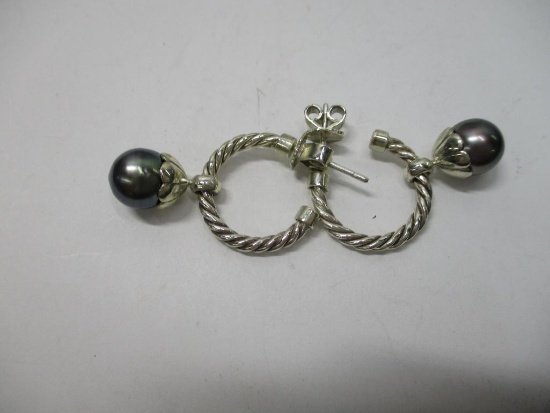 Sterling Silver Tahitian 8mm Pearl Dangle Hoop Earrings
