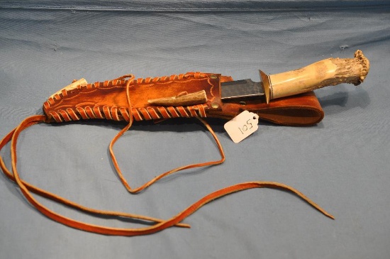 Custom made knife w/ deer antler handle and sheath