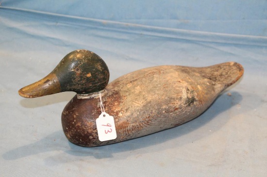 WOODEN DUCK DECOY , REPAIR TO NECK AND CRACK IN BOTTOM