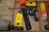 LOT BOX OF MISC TOOLS TO INCLUDE: GREASE GUN, ELECTRIC TESTER, FLASHLIGHTS