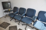 (4) ROLLING UPHOLSTERED OFFICE CHAIRS W/ SANYO TV, DVD PLAYER, AND ROLLING ENTERTAINMENT CART