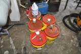 VARIOUS GAS CANS AND BUCKETS OF LUBRICANT IN VARIOUS QUANTITIES