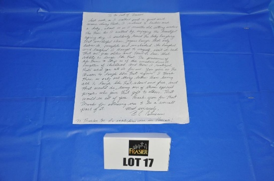 "To the cast of Frasier" handwritten letter from B. C. Cameron