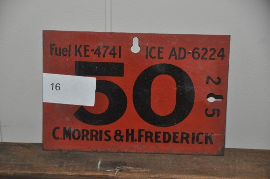 C. MORRIS AND H. FREDERICK FUEL AND ICE METAL SIGN