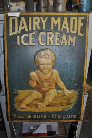 DAIRY MADE ICE CREAM "YOU'RE SURE - IT'S PURE" EMBOSSED SIGN