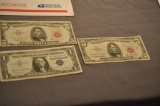 (2) RED SEAL $5 NOTES & A ONE DOLLAR SILVER CERTIFICATE