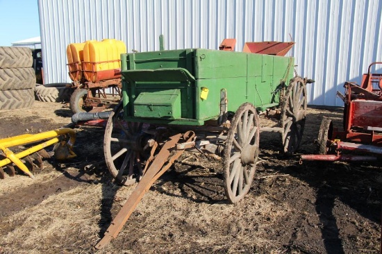 Joel Torney and Co. Fairfield, Iowa high wheeled wagon, 27? sides, end gate seeder