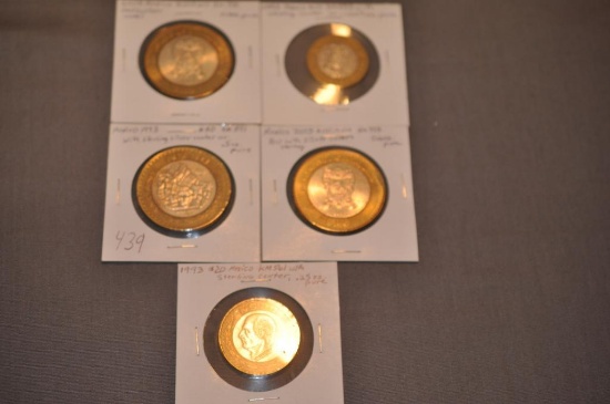 (5) MEXICAN COINS W/STERLING CENTERS
