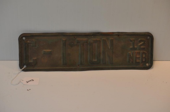 1912 NEBRASKA 1-TON LICENSE PLATE