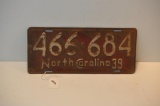 1939 NORTH CAROLINA LICENSE PLATE
