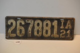 1921 IOWA LICENSE PLATE