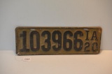 1920 IOWA LICENSE PLATE