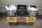 (9) plastic milk crates including large ratchet strap