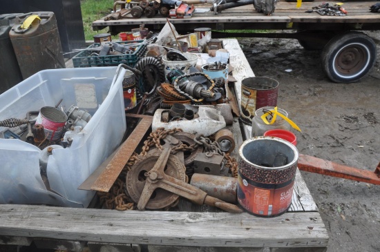 Various hardware to include spindels, nuts & bolts, chain hoist, etc.