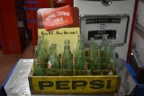 Pepsi Cola bottle crate w/assortment of Royal Crown bottles and Royal Crown cardboard display