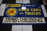 OK used cars and trucks metal sign w/original wood frame