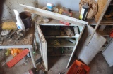workbench, part of tool box, 3 older metal cabinets, 3 older metal shelfs