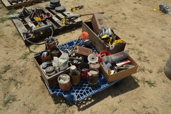 Pallet of items to include hardware, meat hooks, tow rope, etc.