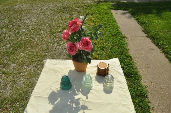 Glass insulators w/damage, fake plant, coasters