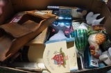 Large Lot Box of Misc. Glasswear, Wood Items, & Hair Curlers