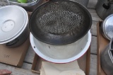 Red and White Enamel Pan & a Primitive Strainer