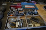 (4) flats of drill bits, pullies, hardware, hole saw kit & tap & dye