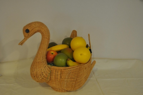 Wicker Goose with plastic fruit