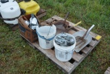 Pallet of shovel parts, and metal brakets