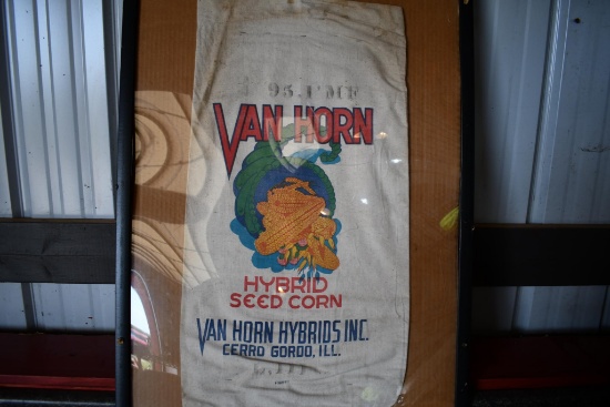 Van Horn Hybrid Seed Corn cloth seed sack in frame