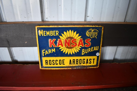 Member Kansas Farm Bureau tin sign "Roscoe Arbogast"