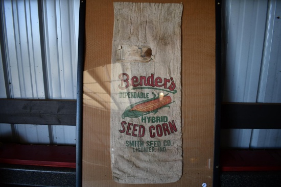 Bender's Dependable Hybrid Seed Corn cloth seed sack in frame