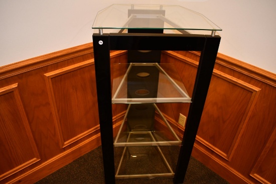 corner display shelf w/ glass shelves & poly frame