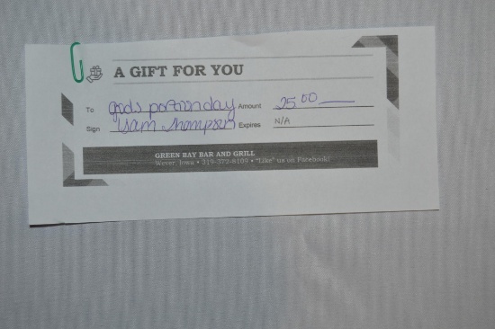 $25 gift certificate to Green Bay Bar