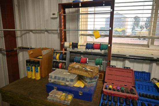 Misc. electrical supplies, fuses, wiring, wire connectors, Lawson wire rack