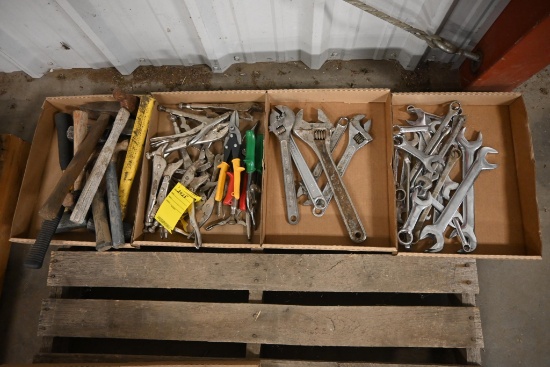 Flat of hammer vise grips, crescent wrenches, tin snips