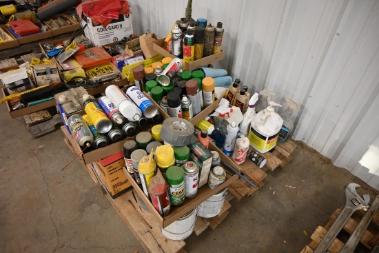 Pallet of cleaning supplies, shop fluids & spray paint