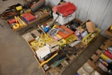 Pallet of shop rags, tape measures, hand brooms, hitch pins & misc. hardware