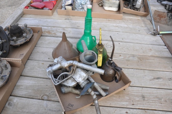Flat of gas nozzles, funnels, oil cans, etc.