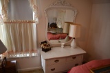 3 drawer dresser with hanging mirror, lamp and jewelry box