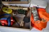 flat of turkey calls, game finder tape, camo spray paint, shooting muff