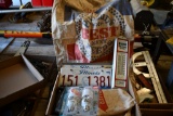 flat of misc. items including advertising thermometer, feed sacks, light bulbs, etc.