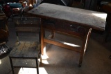 wooden primitive work bench and chair