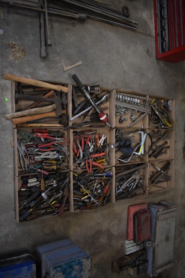 12 flats of wrenches, screwdrivers, hammers, plyers, snap ring plyers & sockets