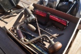 4 flats of tools including gear pullers, drill bits, welding mask, and torch end