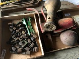 2 flats of misc. tractor parts and an older jack