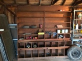 Large wooden shelf & misc. contents